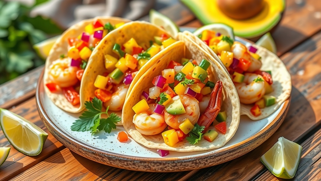 Zesty Shrimp Tacos with Mango Salsa Colorful shrimp tacos topped with mango salsa and avocado, served on a rustic wooden table with lime wedges.